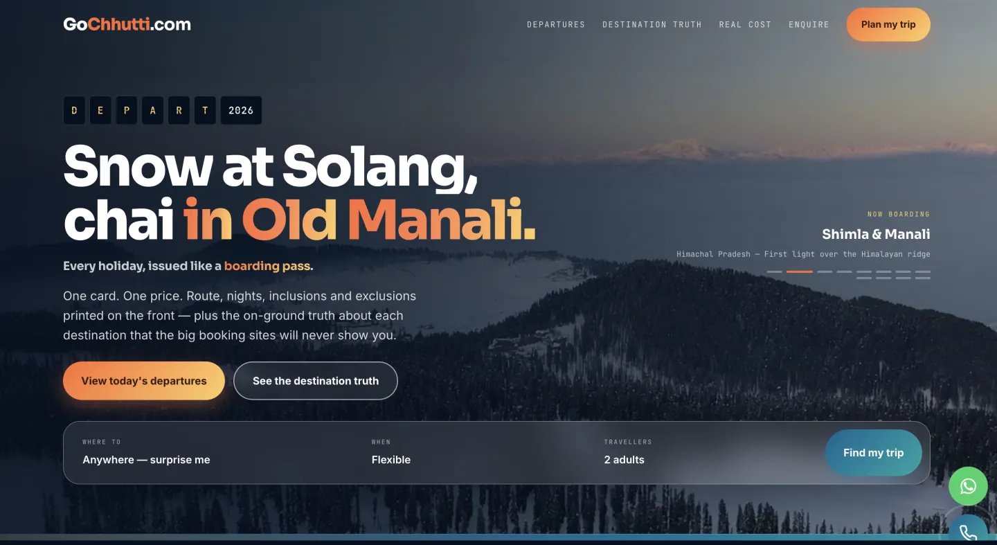 GoChhutti travel site, a trip search panel over a mountain photograph