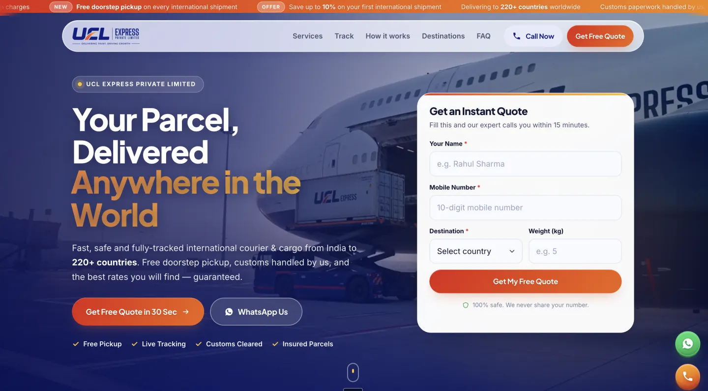 UCL Express courier site, an instant quote form beside a cargo photograph